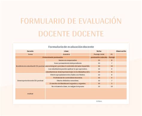 Plantilla De Excel Formulario De Evaluación Docente Docente Y Hoja De
