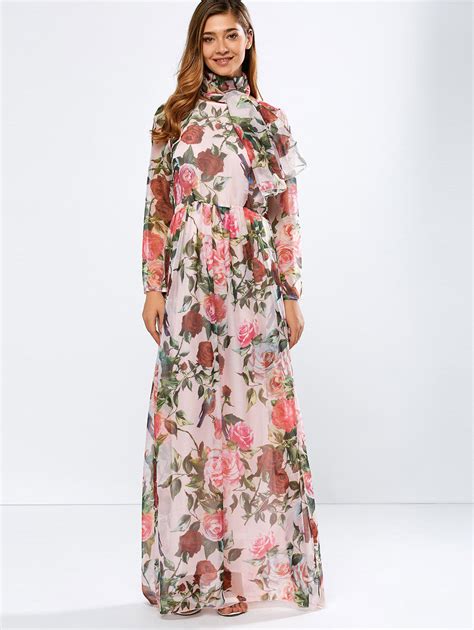 Pink S Vintage Chiffon Long Sleeve Floral Print Floor Length Maxi Prom Dress