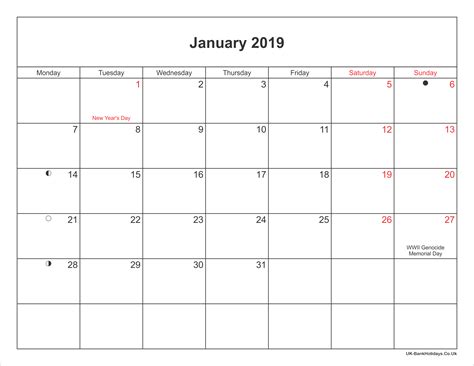 January 2019 Calendar Printable With Bank Holidays Uk