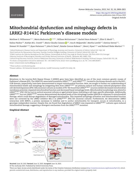 Pdf Mitochondrial Dysfunction And Mitophagy Defects In Lrrk2 R1441c