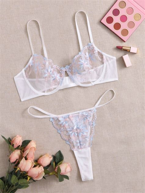 Dreamy Floral Embroidery Mesh Lingerie Set