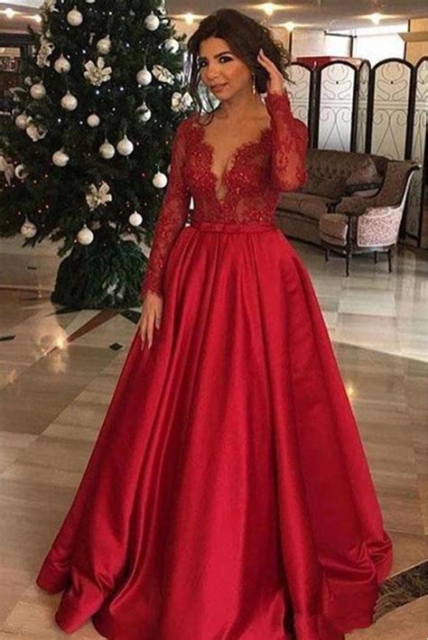 A Line Long Sleeves V Neck Lace Satin Red Prom Dress Formal Evening