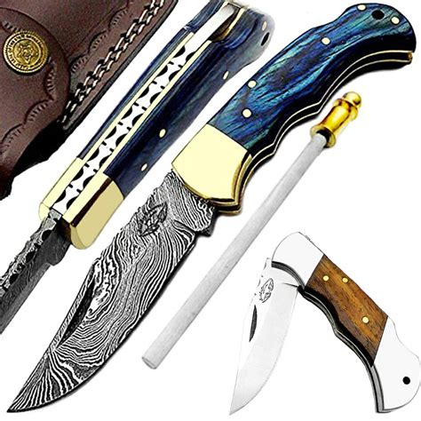 Knife Damascus Steel Hunting Pocket Knife 65 Blue Wood Custom