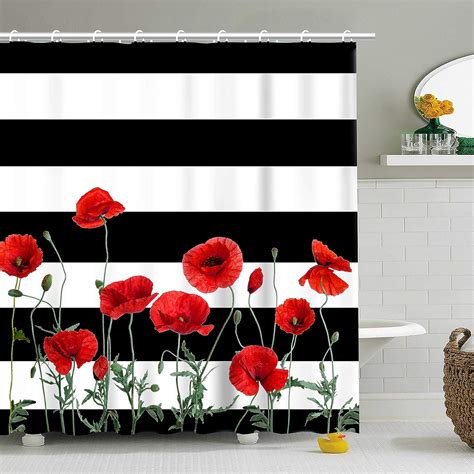 Stacy Fay Red Poppy Shower Curtain Striped Fabric Bathroom