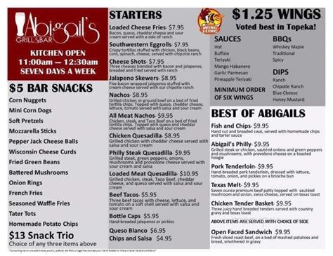 Menu Of Abigails Grill And Bar In Topeka Ks 66609