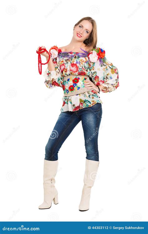 Playful Woman Stock Photo Image Of Boots Flower Folk