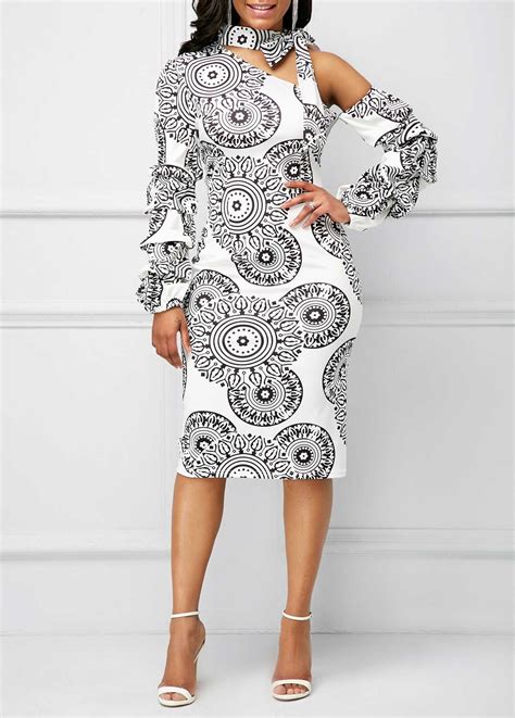 Tie Neck Printed Layered Sleeve Dress Usd 3308 One Piece Gown Dresses With