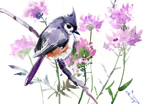 Titmouse And Purple Flowers Bird Art Birds And Flowers Etsy Bird