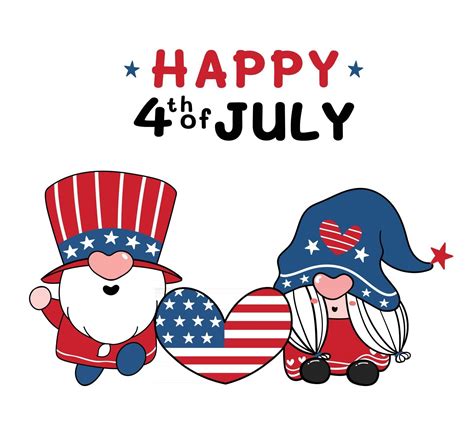 Two Cute America Gnome 4th Of July Independence Day Cartoon Flat Vector