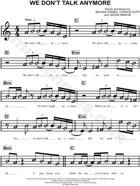 Charlie Puth Feat Selena Gomez We Dont Talk Anymore Sheet Music For