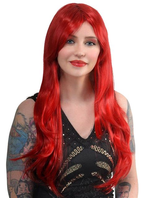 Bright Red Women S Wavy Wig Long Red Costume Wig With Side Fringe