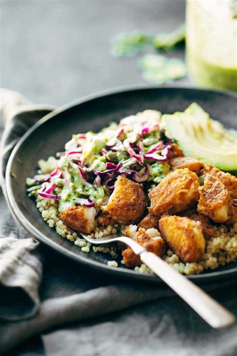 Spicy Fish Taco Bowls With Cilantro Lime Slaw Recipe Pinch Of Yum