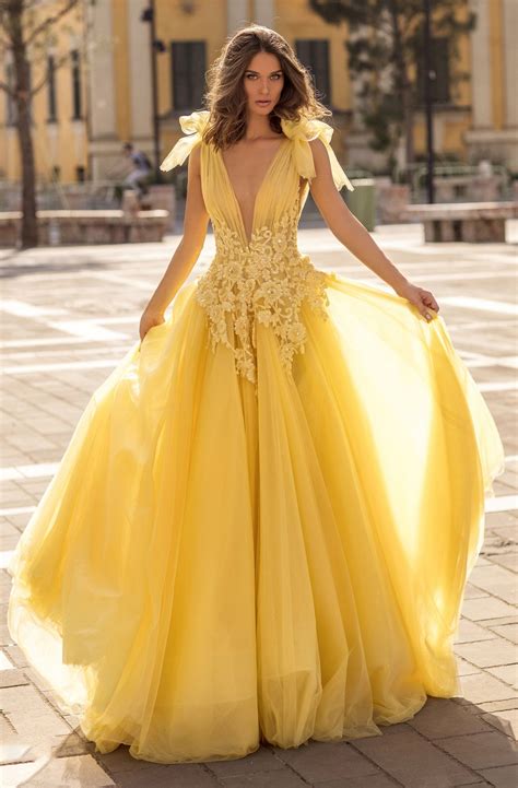 tarik ediz 93927 beaded lace plunging v neck ballgown yellow wedding dress ball dresses