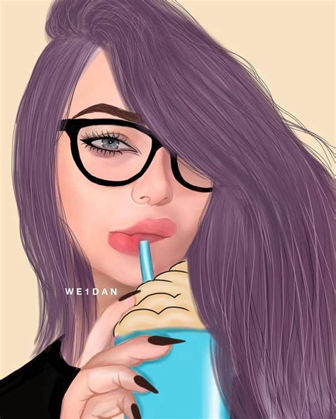 a drawing of a woman with purple hair and glasses drinking from a blue drink cup