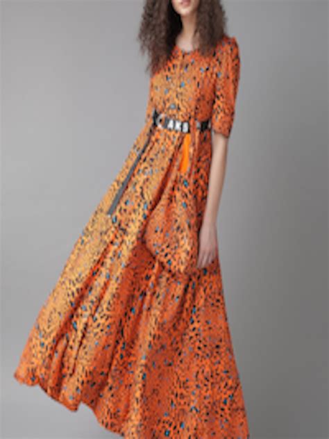 Buy Aks Women Orange And Black Animal Printed Maxi Dress Dresses For