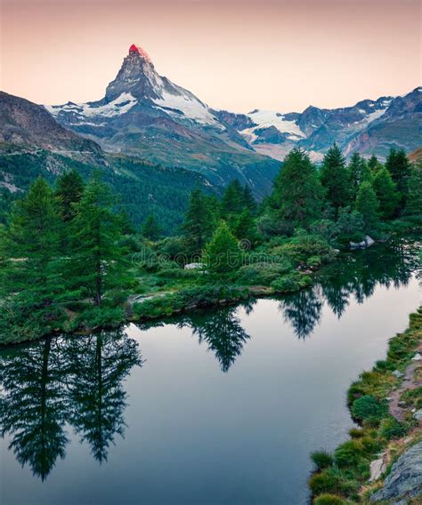 Great Morning View Of Grindjisee Lake Fantastic Summer Sunrise With