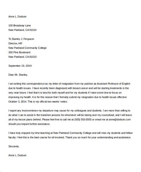 Resignation Letter Due To Health Template