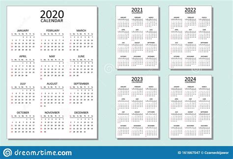 Calendar Template 12 Months On One Page Stock Vector Illustration