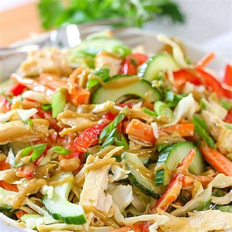Chinese chicken salad is hearty with shredded chicken and a colorful mix of fresh vegetables. Crunchy Thai Chicken Salad with Peanut Dressing | Recipe | Delicious salads, Healthy