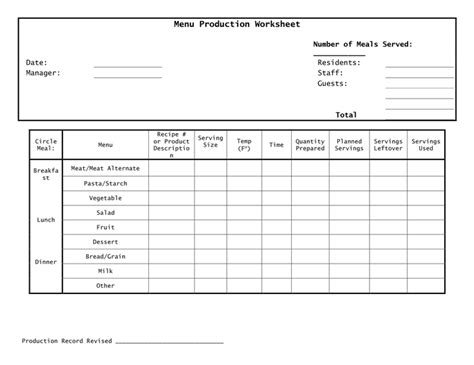 Menu Production Worksheet Template In Word And Pdf Formats