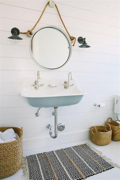 Cottage Bathroom Boasts A Turquoise Trough Sink Kohler Brockway Sink