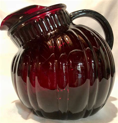 Antique Depression Glass Ruby Red Waterjuice Pitcher With Ribbed