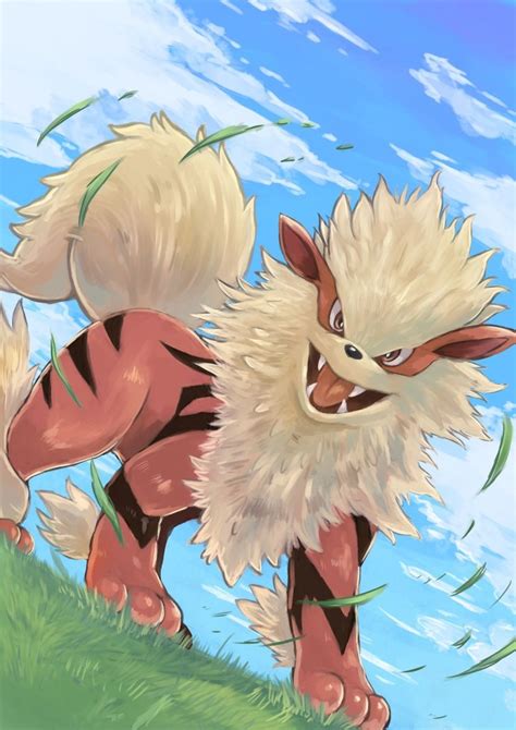 Arcanine Blue Sky Brown Eyes Clouds Dutch Angle Fangs Grass Highres No