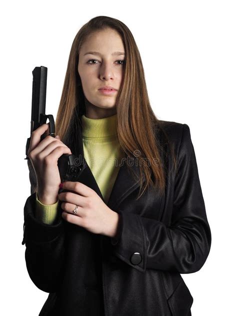 The Girl With A Gun Stock Image Image Of Auburn Hair 86151569