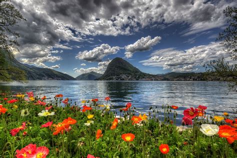 Switzerland Sky Scenery Mountains Poppies Lake Clouds Hdr