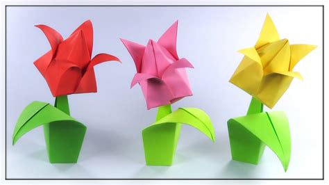 How To Make A Paper Tulip Flower With Stem And Leaf 🌷 Origami Tulip