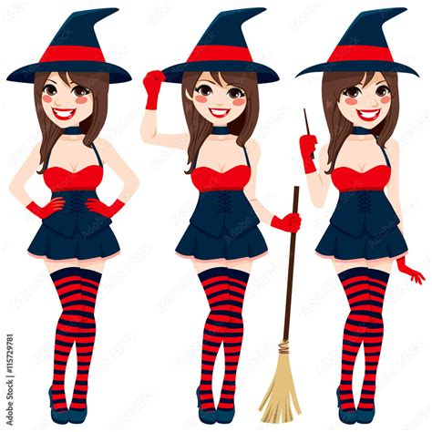 Beautiful Sexy Brunette Witch Woman Making Different Poses Holding