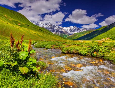 Scenery Mountains Stream Grass Clouds Nature Wallpapers Hd