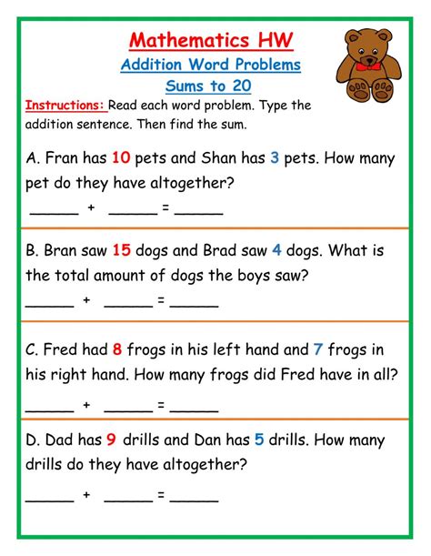 Addition Word Problems sums to 20 HW worksheet