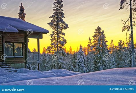 Wooden Cottage House At Winter Sunset Stock Image Image Of Blue