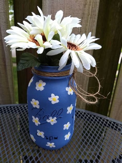 Blue Flower Painted Mason Jar Blue Flower Painting Painted Mason