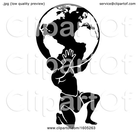 Clipart Of A Silhouetted Black And White Atlas Titan Man Carrying A