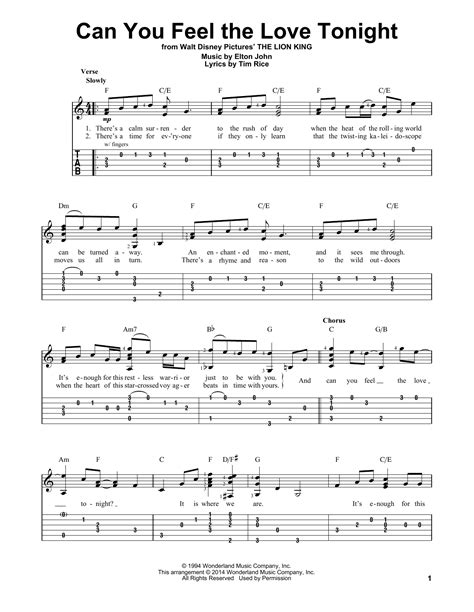 Can You Feel The Love Tonight By Elton John Easy Guitar Tab Guitar