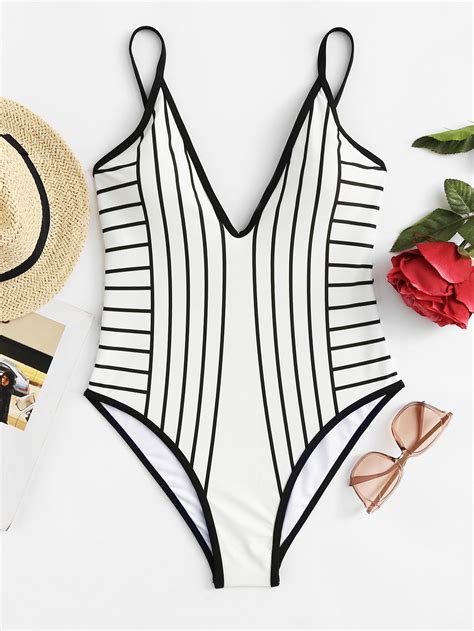 Shop Striped V Plunge Bikini Set Online Shein Offers Striped V Plunge