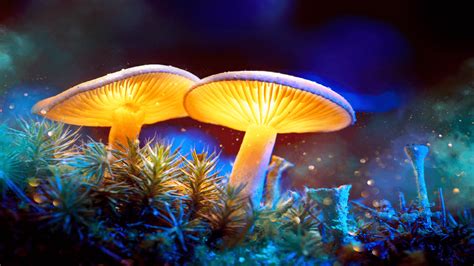 Fantasy Glowing Mushrooms In Mystery Dark Forest Close Up 1920x1080