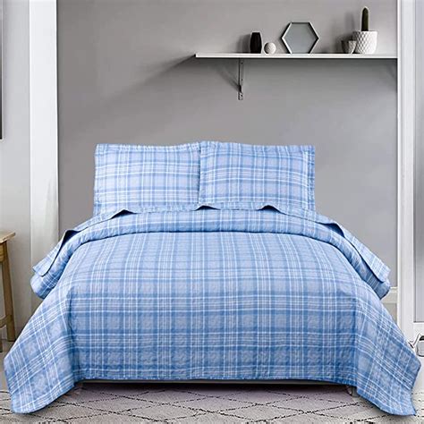 Blue Plaid Quilt Set Fullqueen Size Grid Stripe Bedspread Coverlet