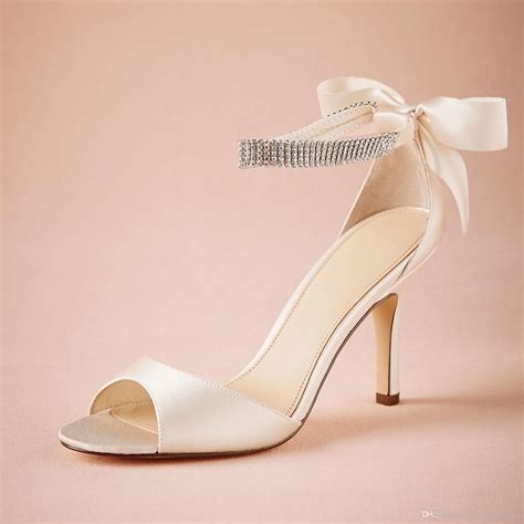 Ivory Satin Wedding Shoes Bowtie At Back Rhinestones Ankle Strap Sandal