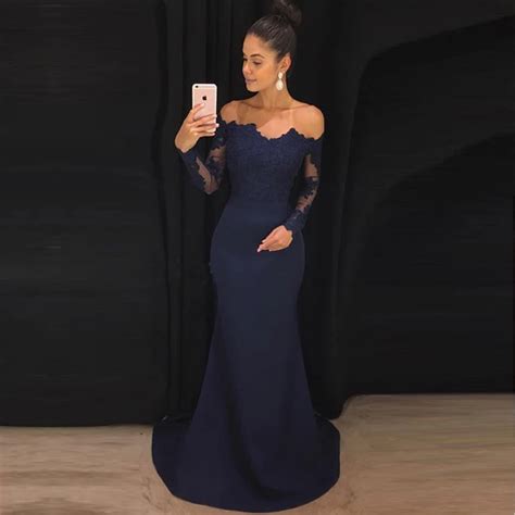 navy blue mermaid prom gowns off the shoulder long sleeves appliques satin custom made formal