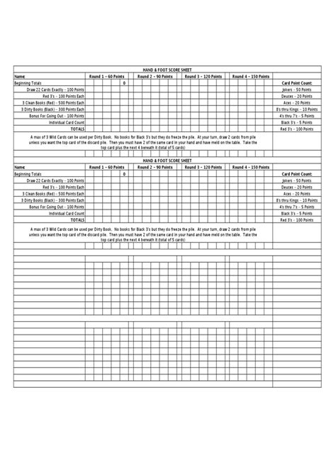 Hand And Foot Score Sheet 4 Free Templates In Pdf Word Excel Download
