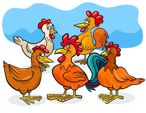 Funny Chickens Cartoon Farm Animals Group Stock Vector Illustration