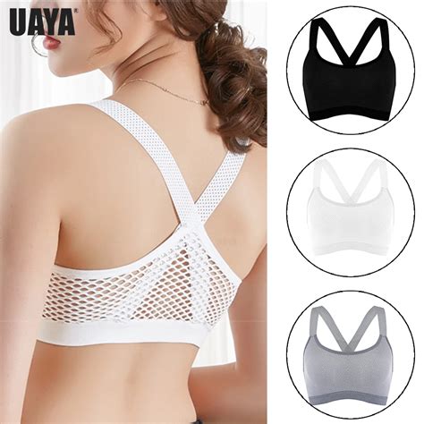 Uaya Breathable Mesh Sport Bra Top Women Hollow Out Cross Shockproof Push Up Yoga Bras For