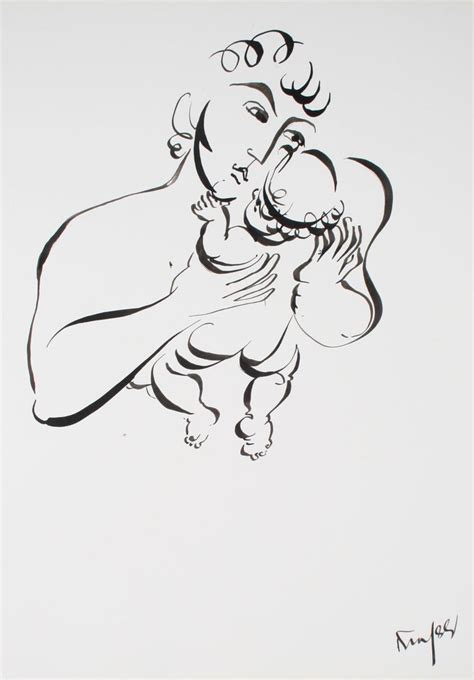 $589.91 · drawing, ink by quinquinou (france). Morris Kronfeld - Figurative Ink Drawing of Father Holding ...