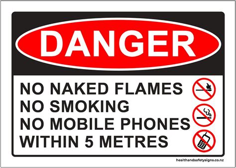 No Naked Flames No Smoking No Mobile Phones Within Metres Danger Sign