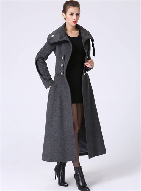 Long Wool Winter Coat Dark Gray Military Style Tailored Coat 1063