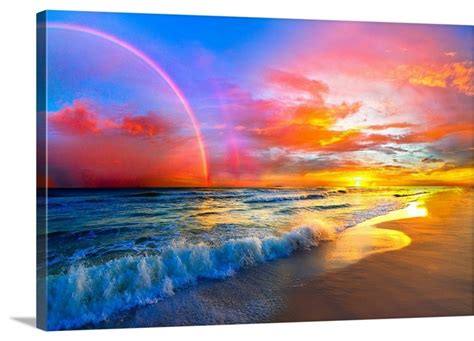 Pink Sunset Beach With Rainbow And Ocean Waves Wrapped