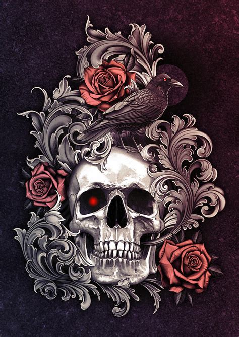 Skull Crow And Roses Digital Art By Ben Krefta Pixels
